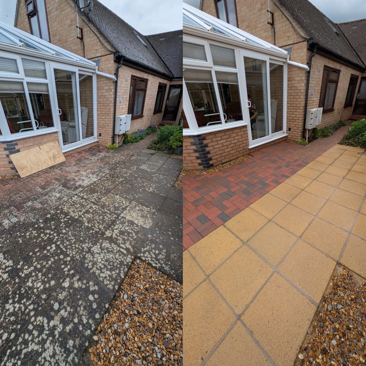 Side-by-side comparison of a garden patio cleaned from grey to its original yellow and red colour
