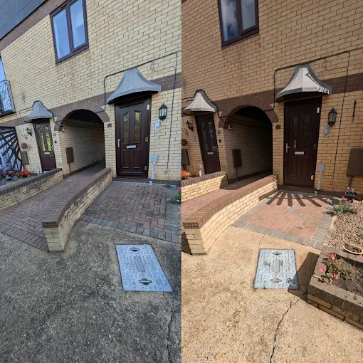Before and after domestic pressure washing in Cambridgeshire showing dirty brickwork and paving restored to a clean finish.