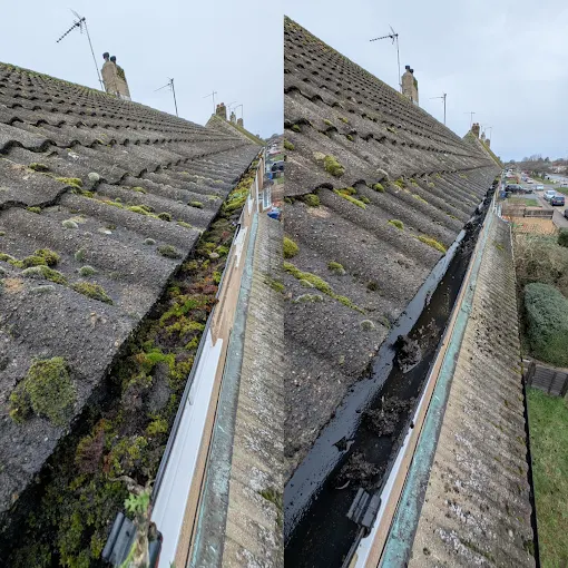 Before and after professional gutter cleaning in Ely showing guttering covered in moss and debris cleared of blockages.