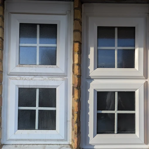 Before and after professional window cleaning in Burwell showing a dirty white window restored to a clear, streak free finish.