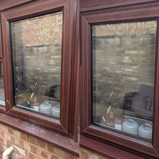 Before and after professional window cleaning in Exning showing a dirty brown window restored to a clean, streak free finish.